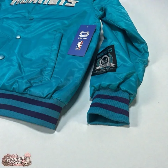 Charlotte Hornets Satin Bomber Jacket Ultra Game NBA Teal Snap Front NWT (Small) - Picture 2 of 5